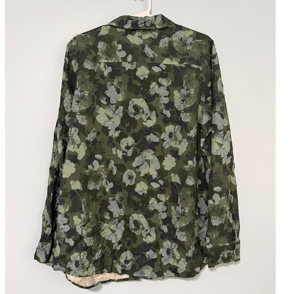 Orvis Women's L 100% Silk Button Down Shirt Olive Green Floral Camo Print 1046 - Picture 2 of 6